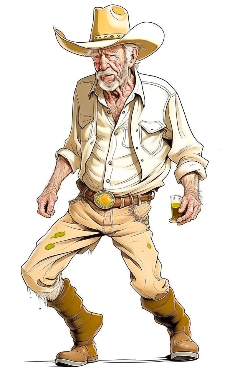 Bare drunk old cowboy in pants runs