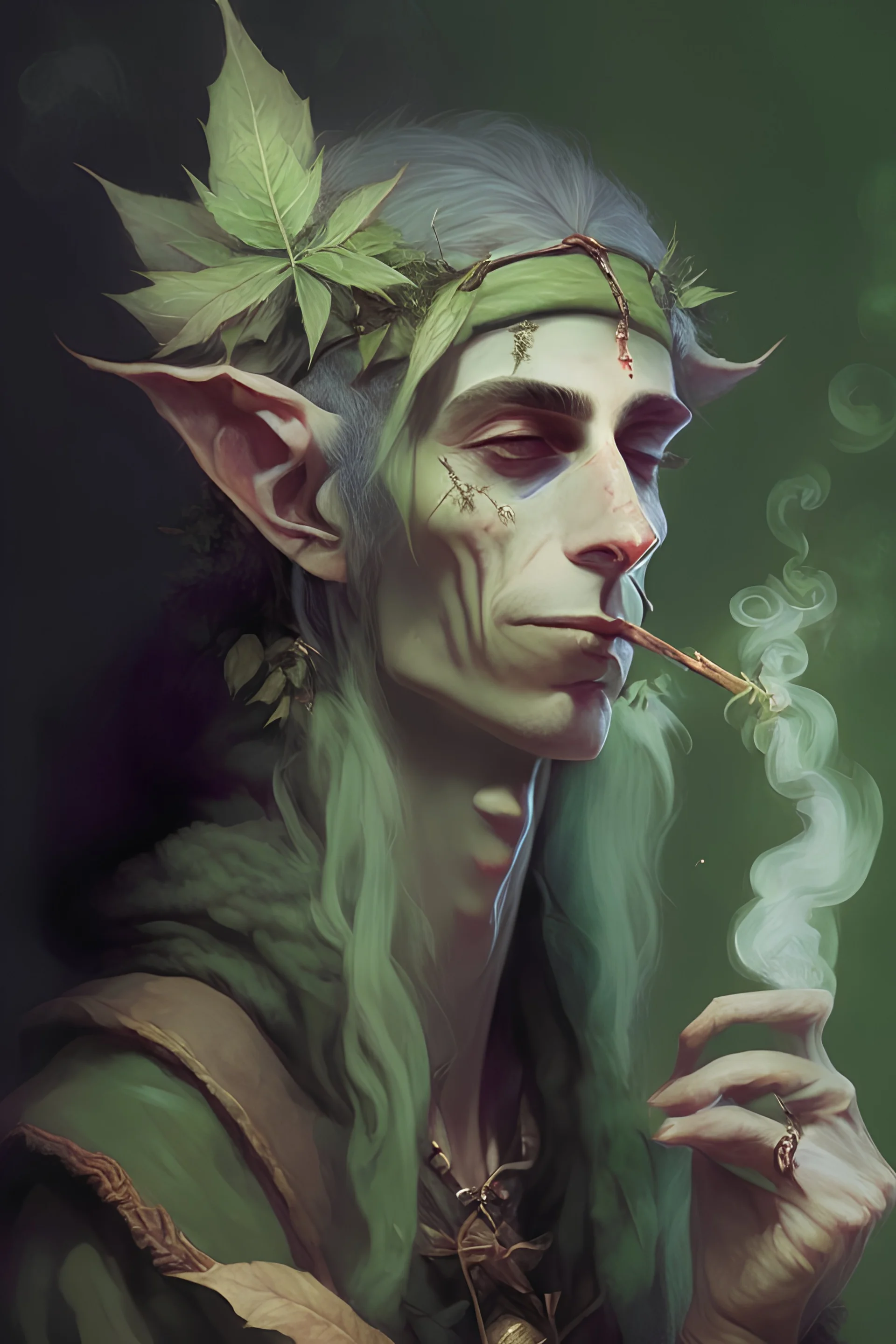 portrait of a male elf druid smoking weed