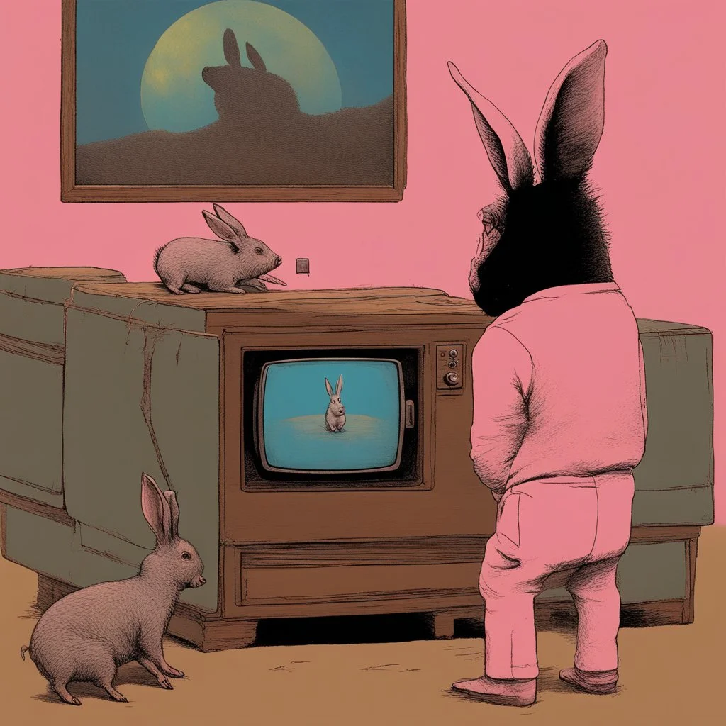 pig watching a tv about video game persona with a rabbit playing music beksinski style