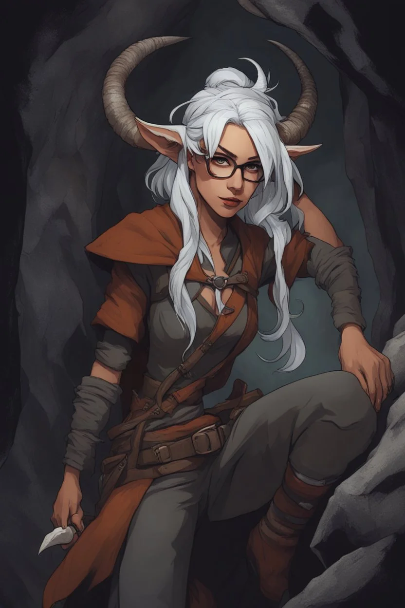 A Dnd character with a long tail and small horns in a dark cave. female Tiefling archeologist with white hair, wearing glasses, in adventurer's clothes. Cunning, beautiful, cool.