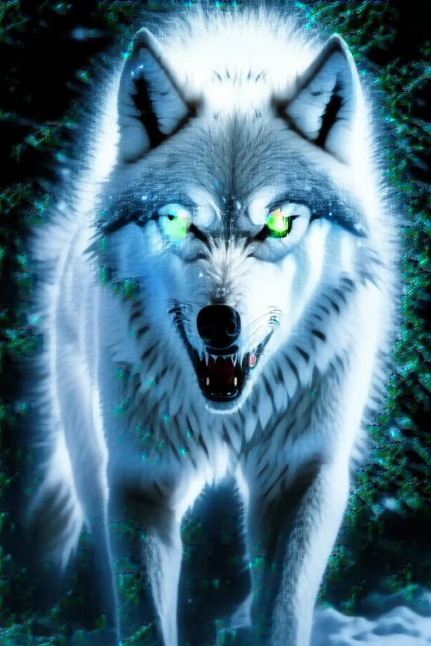 winter white gagantuan wolf beast angry glowing eyes