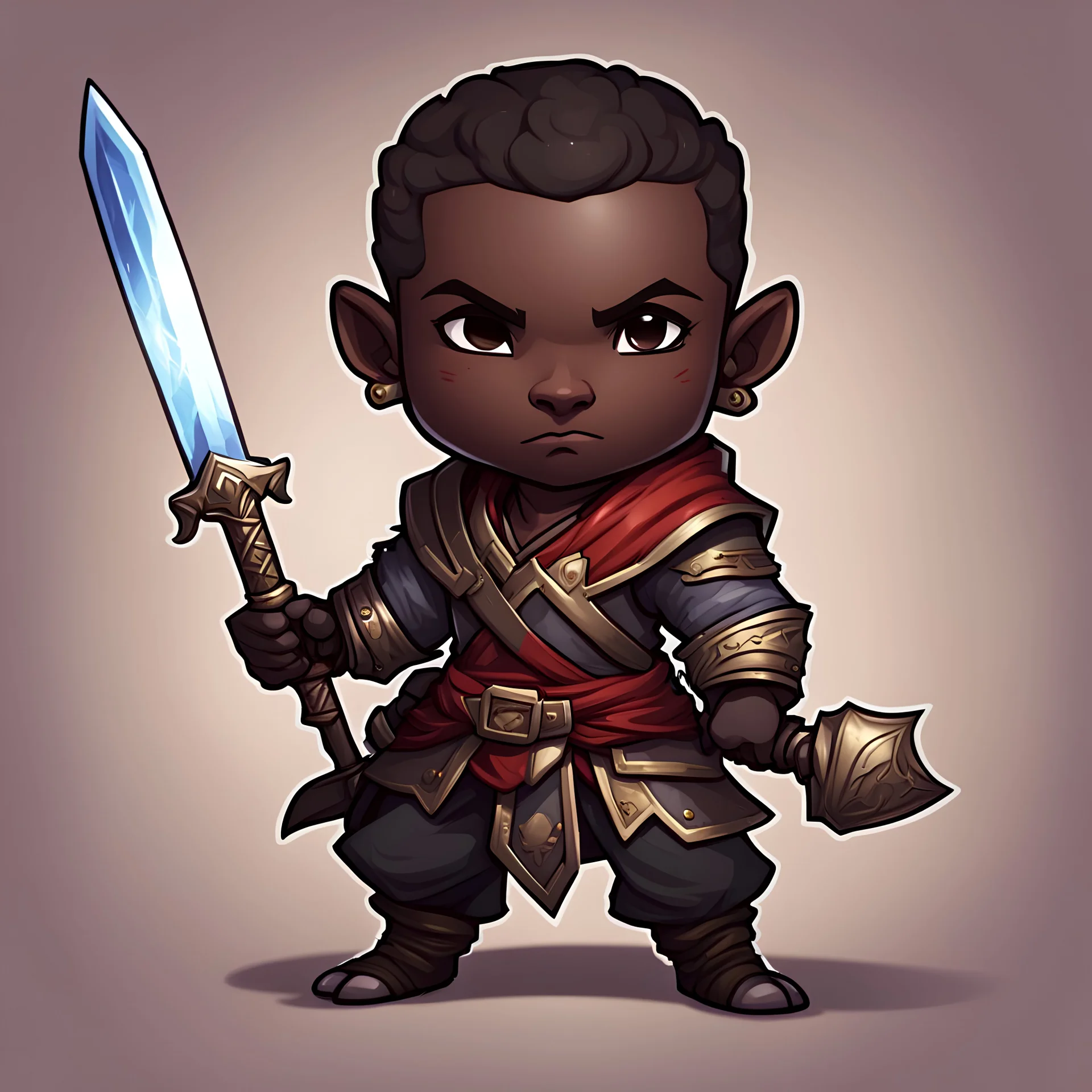 Abnab is a male redguard swordsman with dark skin who plunders tombs for enchantments and treasures, in chibi art style