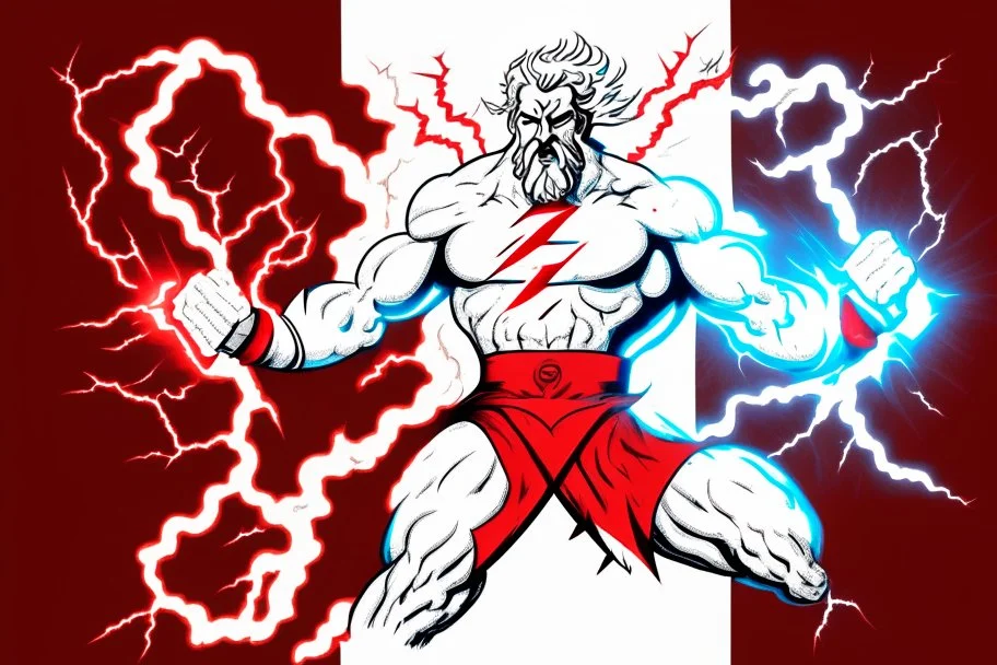 A detailed illustration of Zeus holding two lightnings in front of himself. One lightning is red and the other one is white. He is moving them together and there are flashes of lightning exploding from his powerfull move. The lightning is in the shape of half the letter Z. The red half is the top half, the white half is the bottom half. Zeus is wearing a red cape, has powerfull facial expresion, has white beard and long white hair with a gold Zeuz, greek, like crown. Lightning in the back.