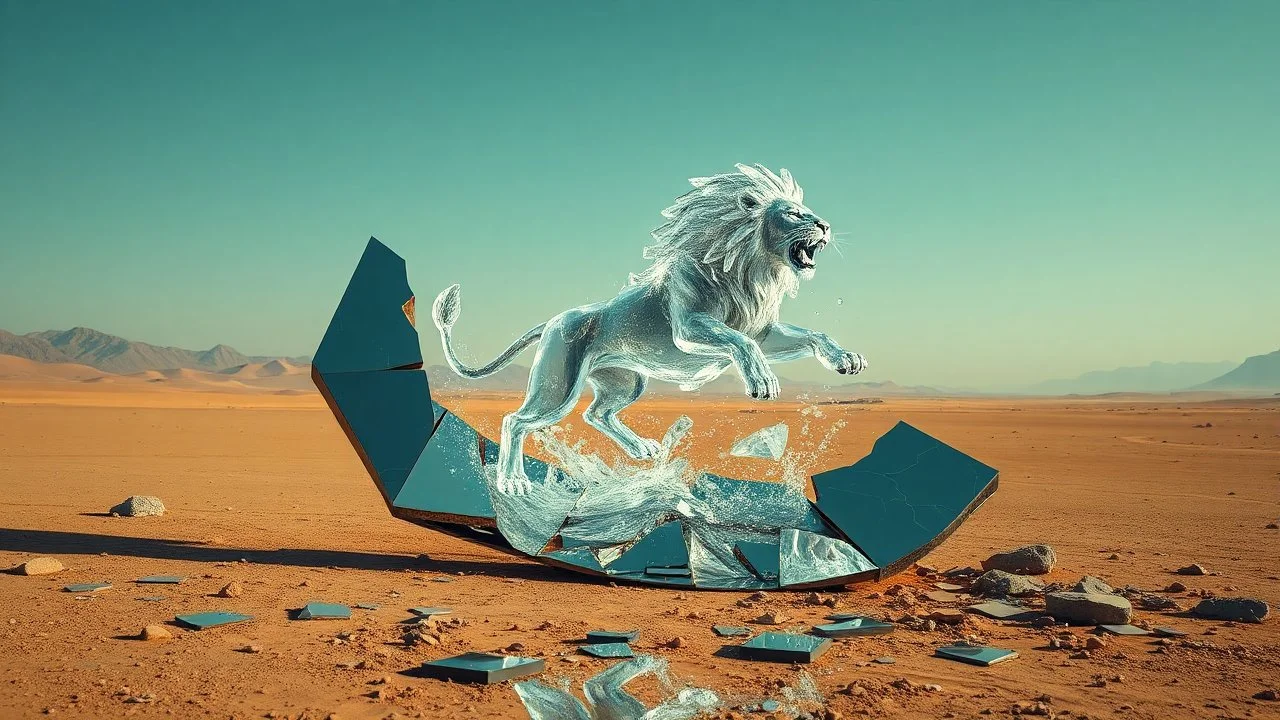 an exploding, vibrating, transparent glass lion leaps out of a huge, broken, damaged mirror in the middle of the desert, reflections