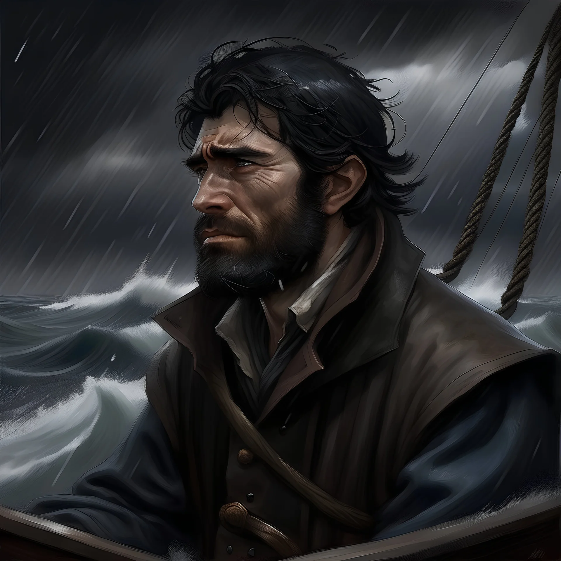 The large angry black haired captain "Boatsman" looking out at a stormy sea realistic grimdark