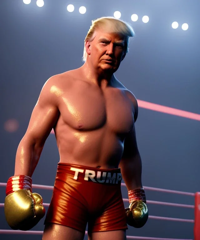 Donald trump wrestling, fighter, naked torso, color breeches, suspenders, retro style, 80s, hot ambient, photo studio, red, gold, explosion, vibrant color, gradient, highly detailed, art stations, explosions, concept art, smooth, unreal engine 5, god rays, ray tracing, RTX, lumen lighting, ultra detail, volumetric lighting, 3d, finely drawn, high definition, high resolution.