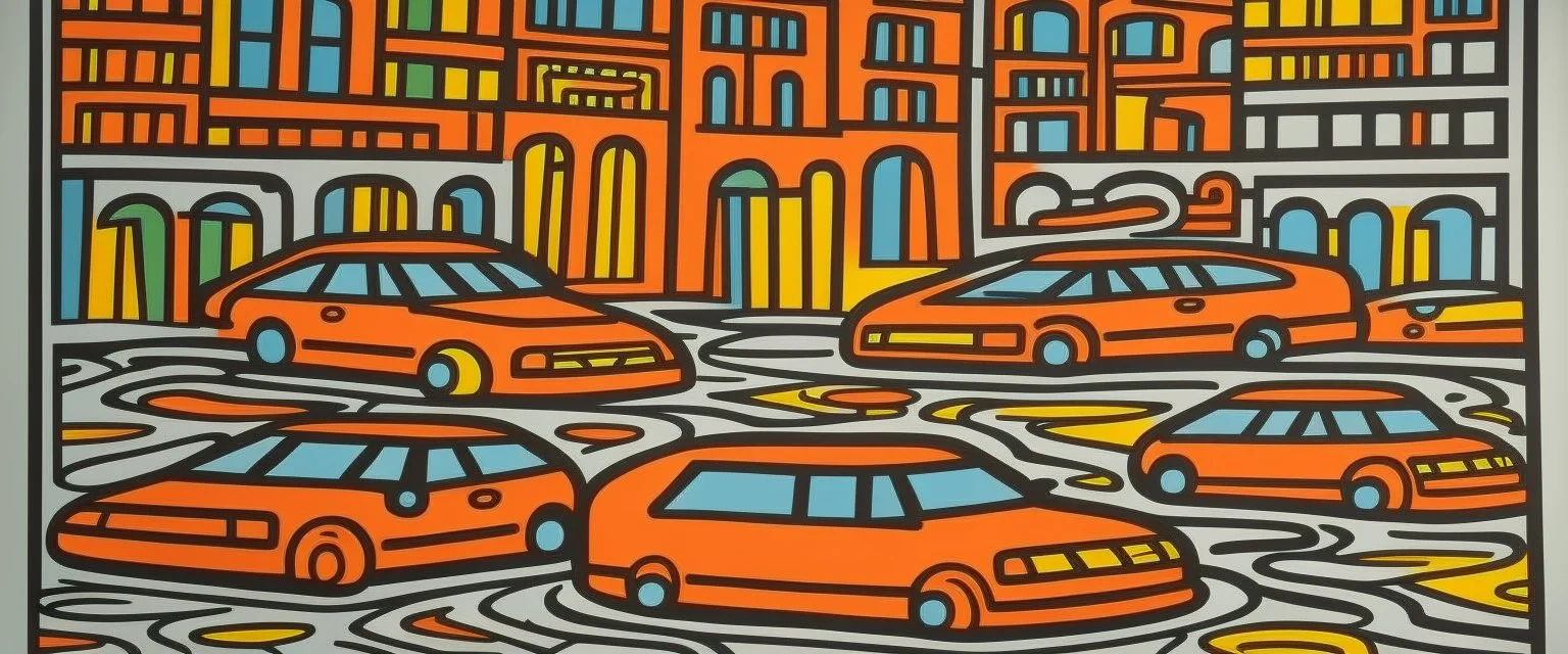 A salmon orange colored city with racecars painted by Keith Haring