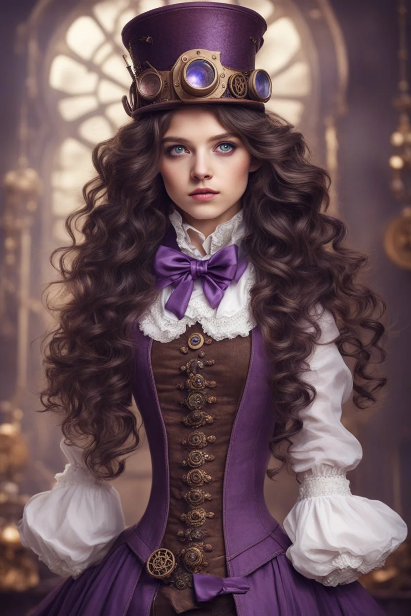 A girl with long, wavy dark brown hair, purple eyes, dressed in steampunk clothes, Nutcracker style