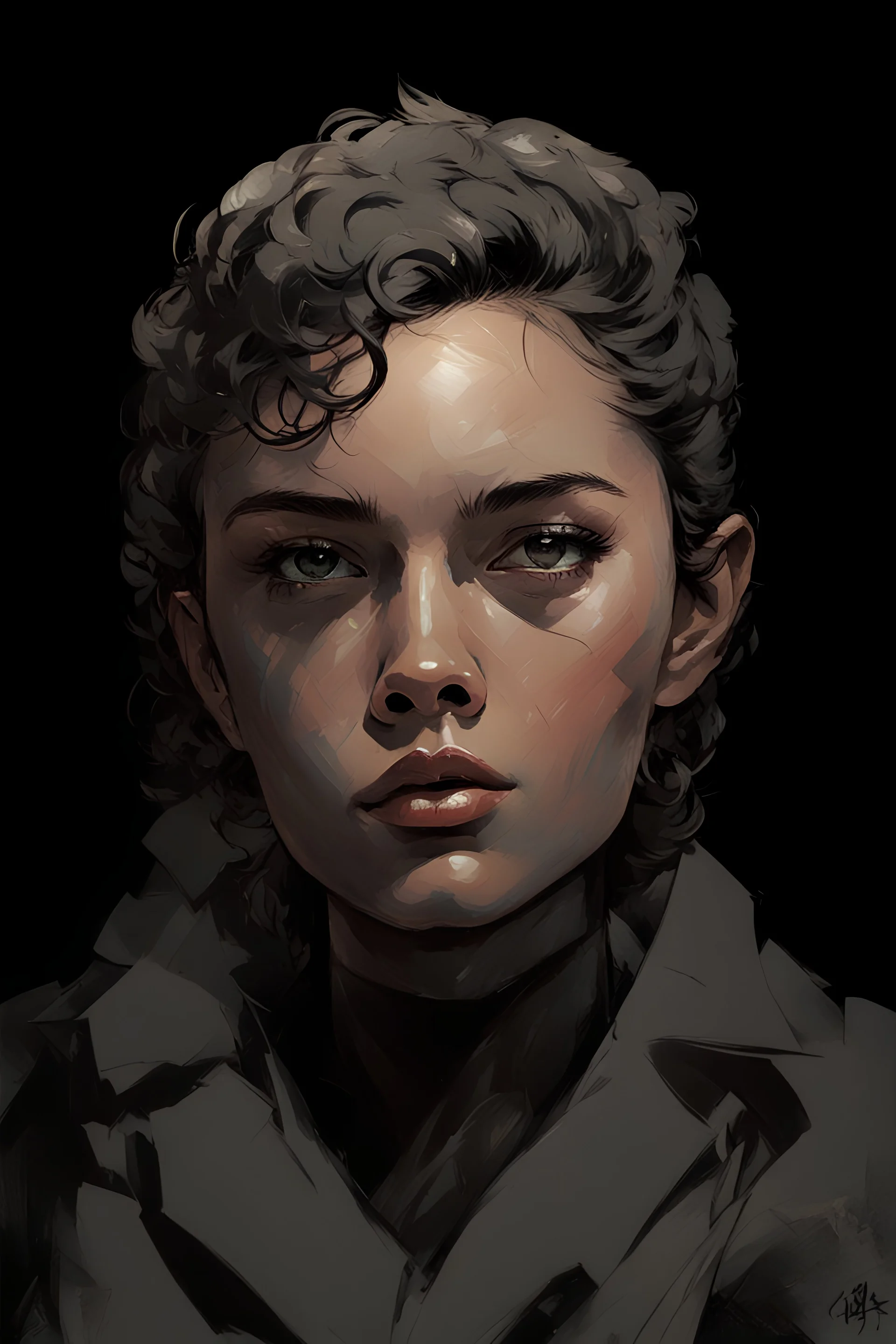 Portrait of a young woman with short black wavy hair. Include a short black horn on her forehead, and make it distinctive. include gray eyes, with a dark tanned skin complexion. Draw the portrait in the style of Yoji Shinkawa.