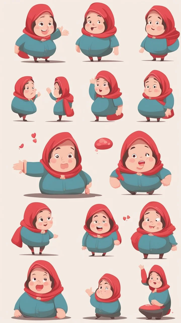 Big girl character, multiple poses and expressions, Real stories illustration style, cute, 20years old girl, full color, red ,She wears a headscarf