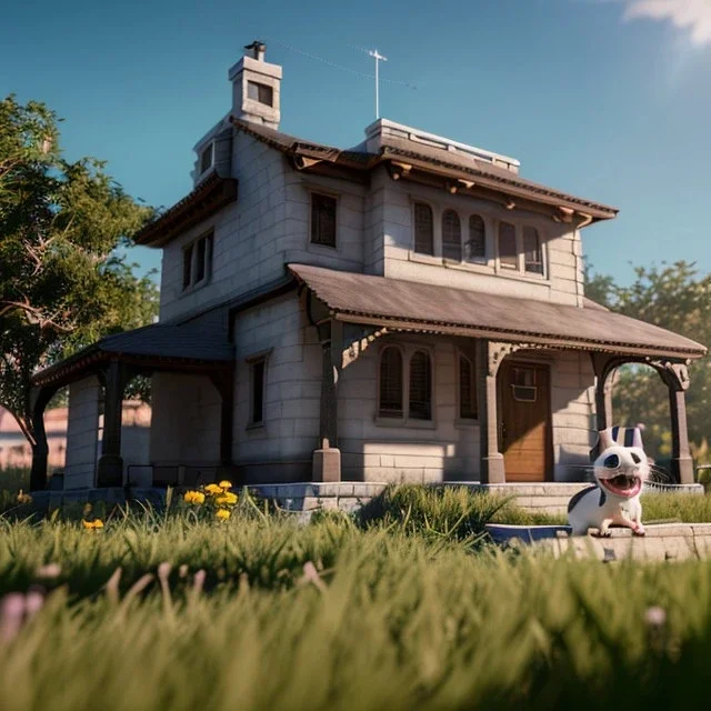 Cartoon pet with a smiley looking at a small house|mdjrny-v4 style| wide angle| intricate detailed| hyperrealistic| cinematic lighting| cinematic colors|hdr | unreal engine