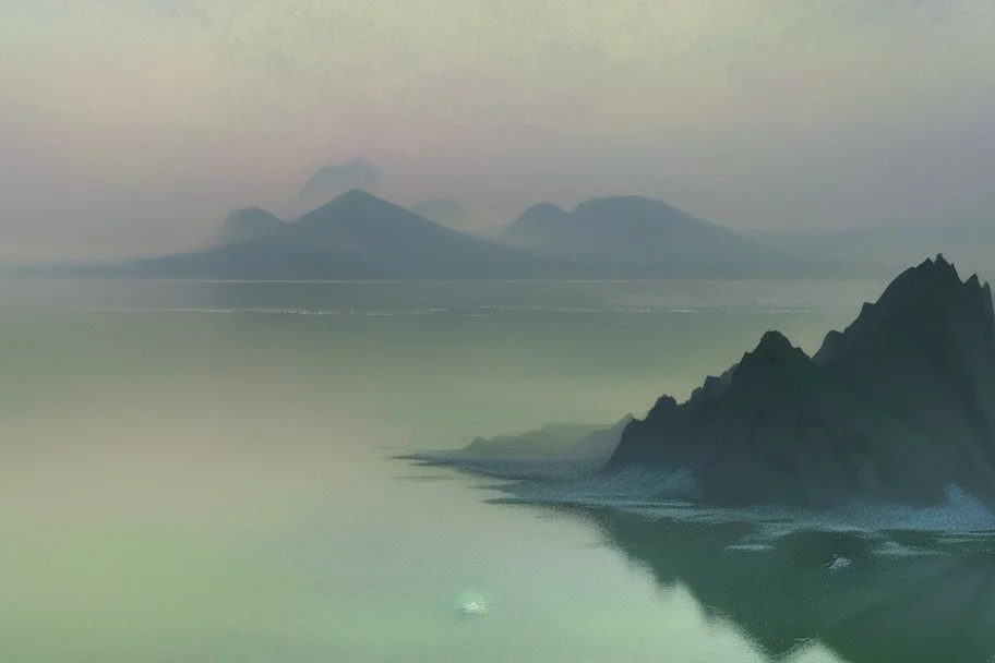 distant modern city, sea, mist, rocks, lake reflection, epic, sci-fi, claude monet painting