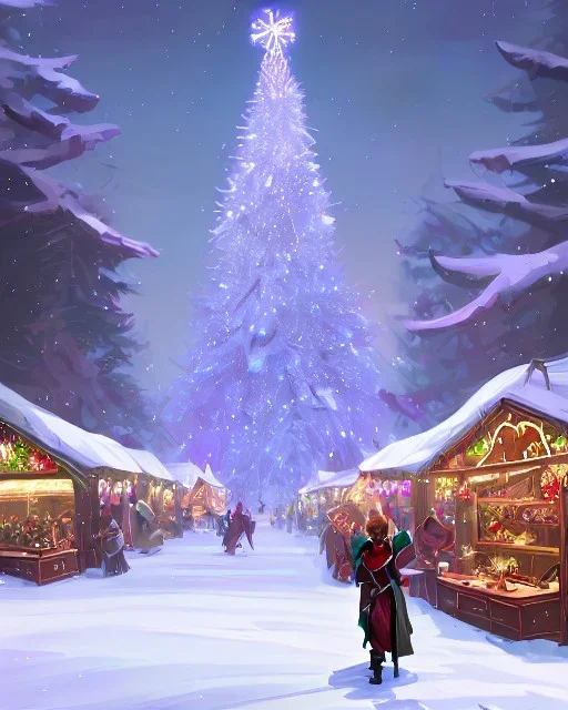 A magical snowy warlock Christmas market with a large Christmas tree