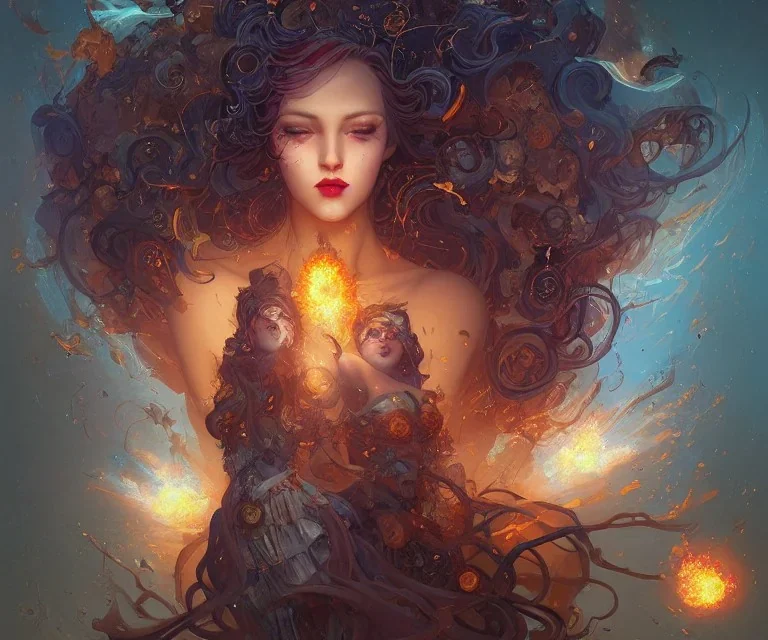 Four doll divine representing each one the four elements: Fire: Earth: Air: Water. Mark Brooks and Dan Mumford, comic book art, perfect, smooth elemental galactic space core. Detailed photograph, WLOP, Unreal Engine 5 volumetric lighting Insanely intricate face hair lashes hyper detailed painting by Ismail Inceoglu Huang Guangjian and Dan Witz Central fantasy art album cover art resolution HD