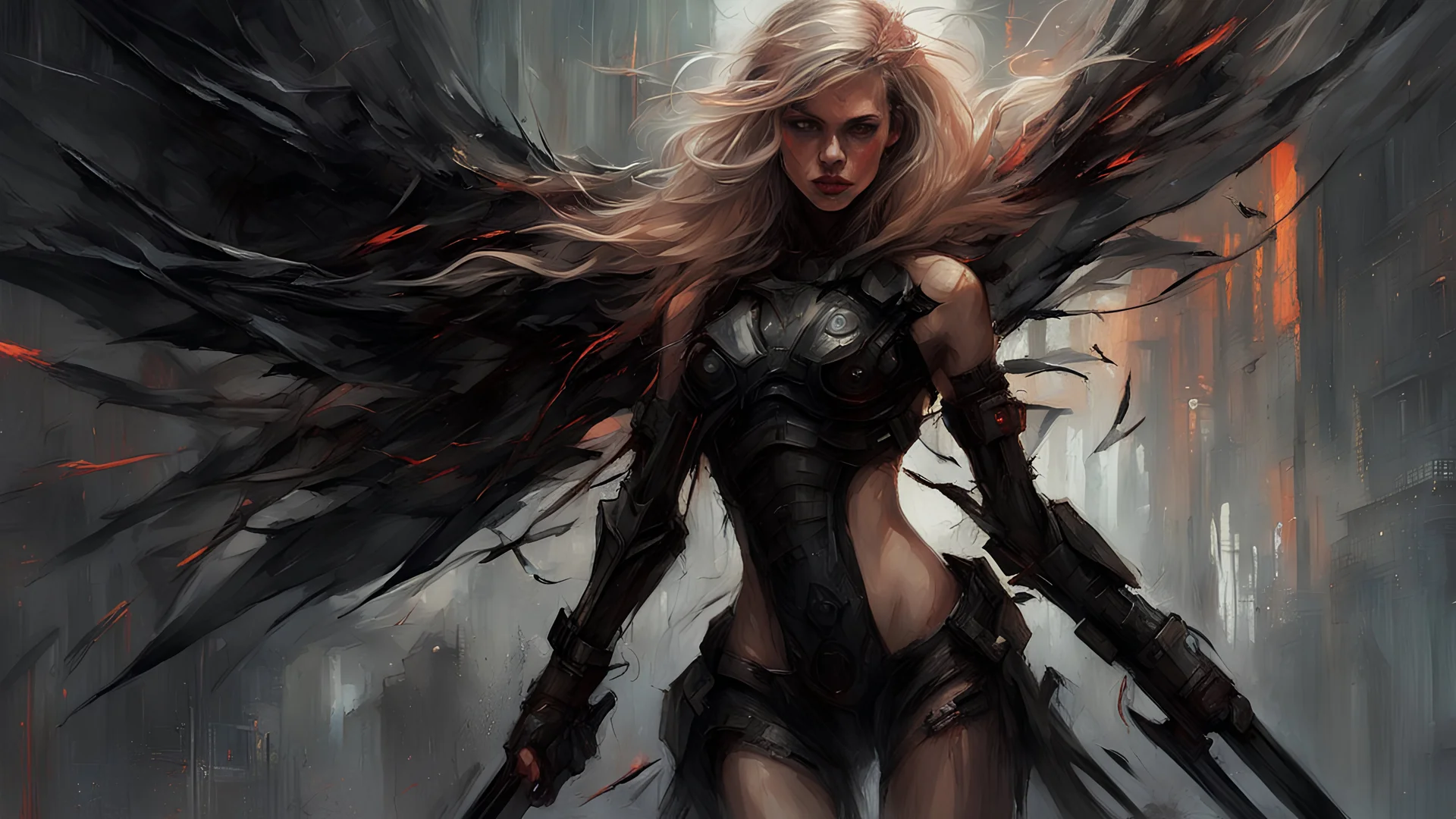 biomechanical women, beautiful, cyberpunk, dusty blonde, short square, large biomechanical black wings, sword, cybernetic, dynamic pose, rain, wind, ashes, flashes of fiery threads, sketch art, fine lines, grunge, sensual, darkness, dark colors, by Raymond Swanland & Alyssa Monks & Anna Razumovskaya