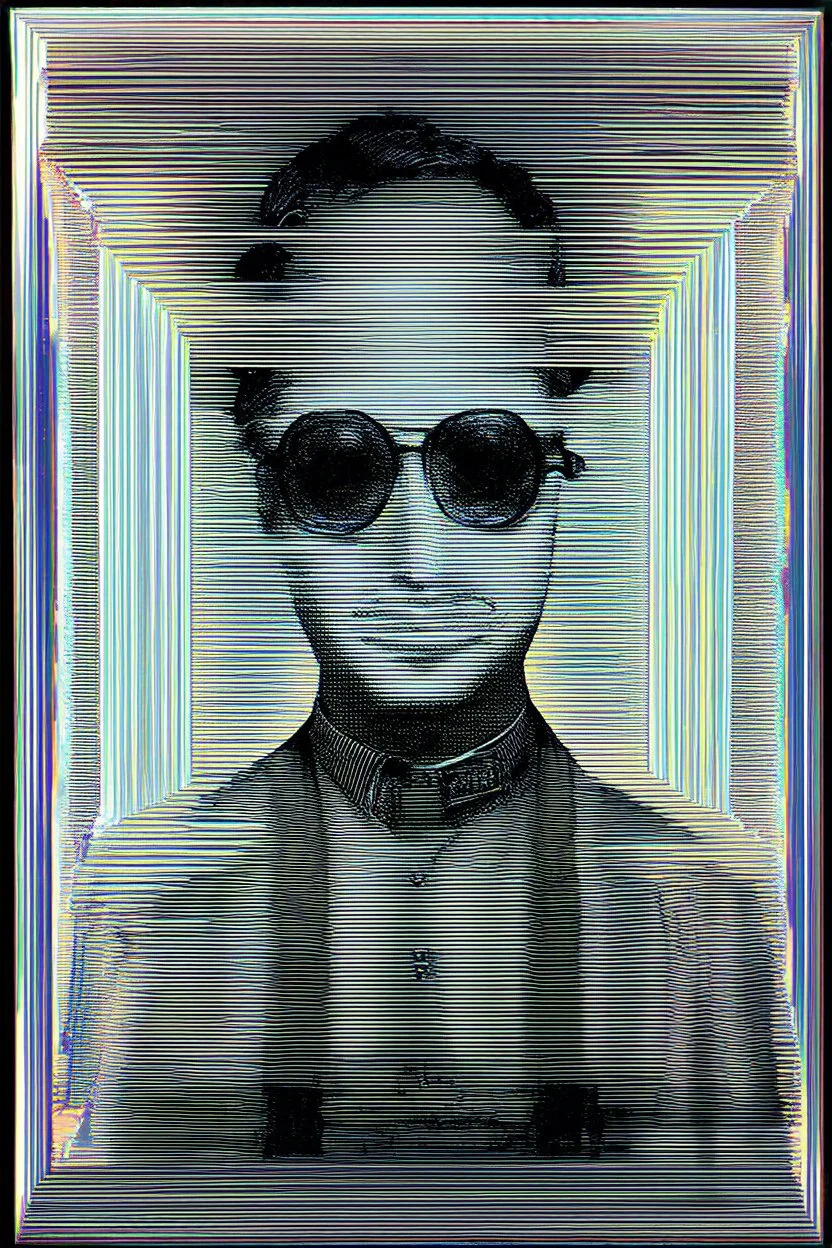 holographic reality reveals a glitch in the matrix; warped optical art drawn in graphite with painted surreal elements in the style of Magritte