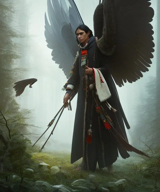 shaman, male native american, long black hair, black hooded coat like wings, 8k resolution concept art portrait by Greg Rutkowski