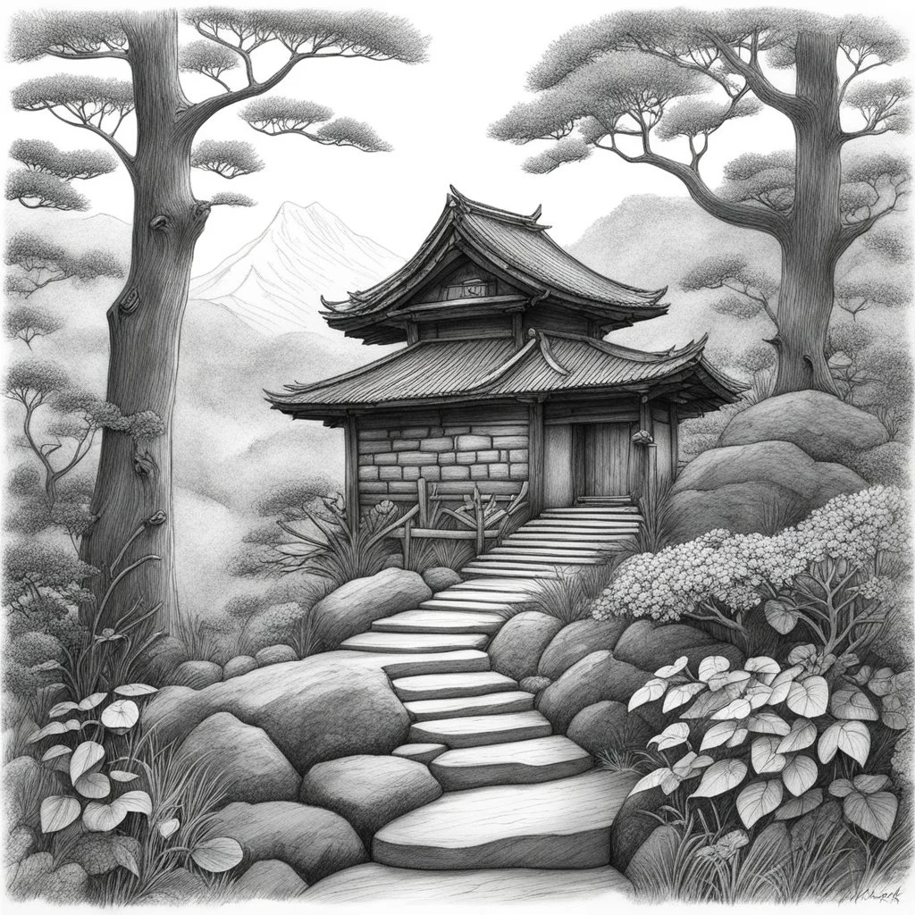 [the birdhouse] A photo of my traditional, monochromatic nature pencil drawing inspired by Japanese woodblock prints, featuring intricate carvings of trees and foliage, evoking a sense of calm and nostalgia. A rocky, natural stone pathway leads up to the birdhouse, inviting visitors to step into a world of serenity and beauty.