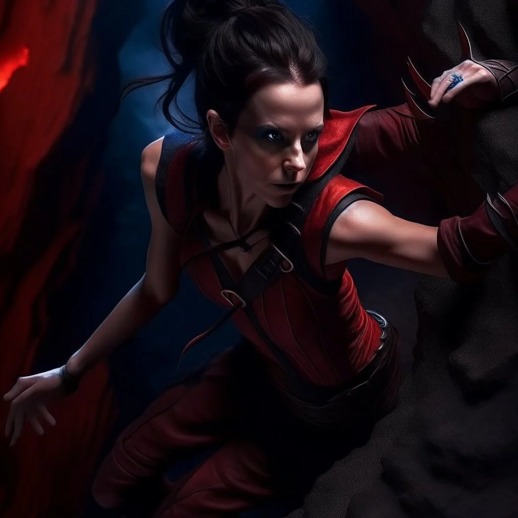 a beautiful tiefling woman with dark hair in a sleeveless battle outfit, flying over a dark chasm, photo quality, dark red colors