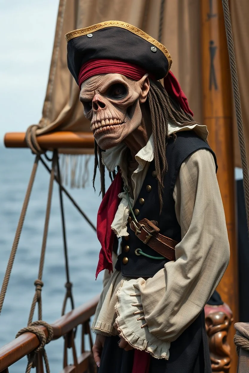 ,make a ugly human but very realistic. Make it wearing a pirate dress standing by the ship stern
