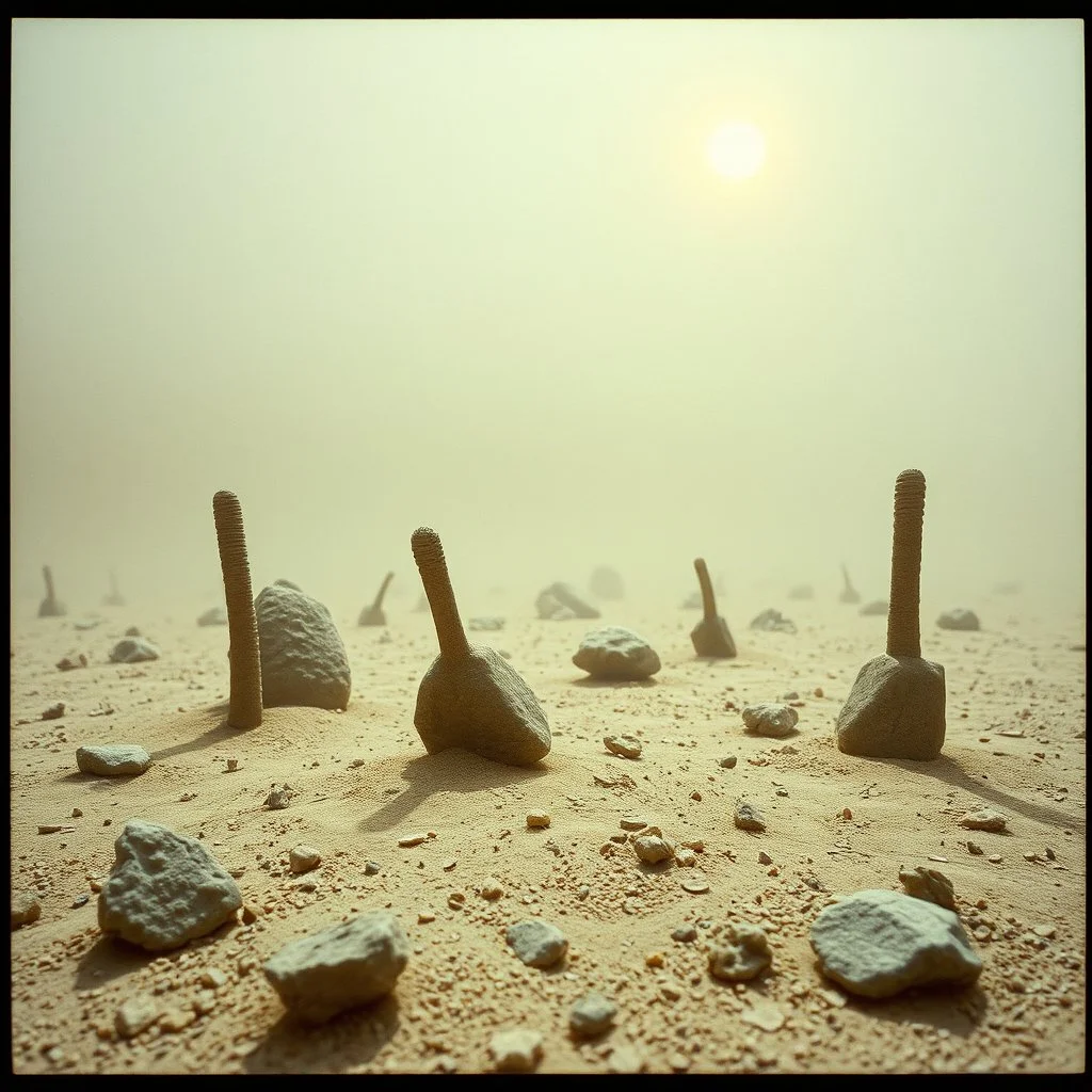 A striking quality close-up Kodak photograph captures a wasteland with odd stones, odd spindle-shaped objects, spooky, creepy, details of the dust very accentuated, glossy, organic, adorned with minerals and rocks, fog, feeble light, eerie, Yves Tanguy style, black sun, fog