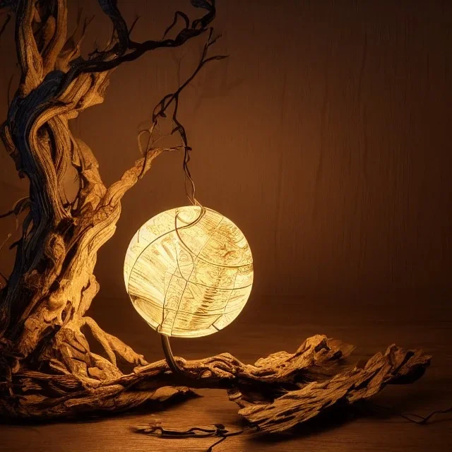 a gorgeous, stunning table lamp made of twisted, gnarled wood with illuminated globe of light hanging off one branch, muted color background, 8k resolution, high-quality, fine-detail, photorealistic, intricate, digital art, detailed matte, volumetric lighting, illustration, 3D octane render, brian froud, howard lyon, selina french, anna dittmann, annie stokes, lisa parker, greg rutowski, George Grie, Ben Goossens, Igor Morski