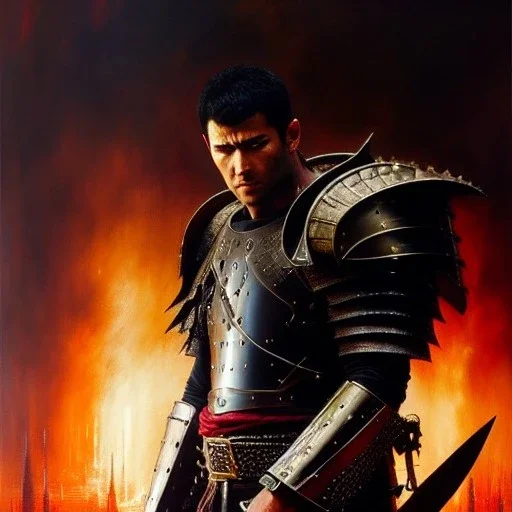 portrait 'Guts-Berserk',ancient metal armor ,painting by gaston bussiere, greg rutkowski, yoji shinkawa, yoshitaka amano, tsutomu nihei, donato giancola, tim hildebrandt, oil on canvas, cinematic composition, extreme detail,fit full head inside picture,16k