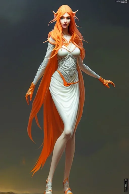 painting of a tall elven young woman with short light orange hair and freckles on the cheak bones and tall body of a topmodel light clothes, long shot, ultra realistic, concept art, intricate details, eerie, highly detailed, photorealistic, octane render, 8 k, unreal engine. art by artgerm and greg rutkowski and charlie bowater and magali villeneuve and alphonse mucha