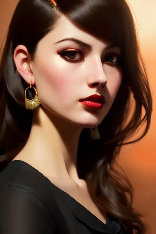 young woman, brown hair, dark orange eyes, hoop earrings, red blouse, elegant, dark eyeshadow, black eyeliner, high arch angular eyebrows, head and shoulders portrait, 8k resolution concept art portrait by Greg Rutkowski, Artgerm, WLOP, Alphonse Mucha dynamic lighting, hyperdetailed, intricately detailed, Splash art trending on Artstation