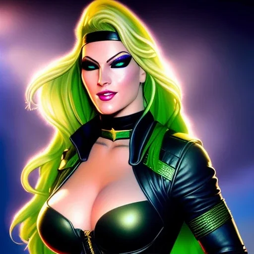 ultra detailed fullbody portrait of beautiful booty busty Black Canary, wearing skintight costume, extremely detailed digital painting, intrincate, extremely detailed smiling face,crystal clear Big Green eyes, in the style of adam hughes , mystical colors , perfectly centered image, perfect composition, rim light, beautiful lighting,8k, stunning scene, raytracing