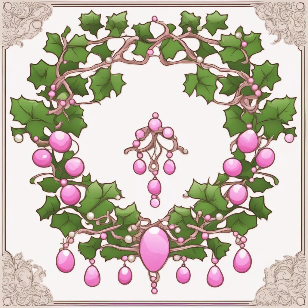 Create an Artwork of a Mirror with ivy branches and pearls necklace, Like a creative Logo for a Varasity Jacket to put a random number uin it, Vector illustration. Colors should be pink and green