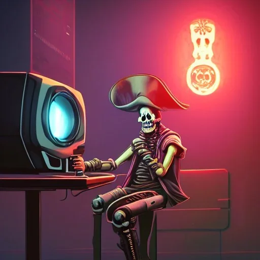 a cyberpunk hacker pirate captain skeleton drinking beer with a pirate hat sitting in front of a huge old crt monitor in a dark room , only light coming from crt monitor, highly detailed, intricate, digital art, trending on artstation, trending on cgsociety, by greg rutkowski