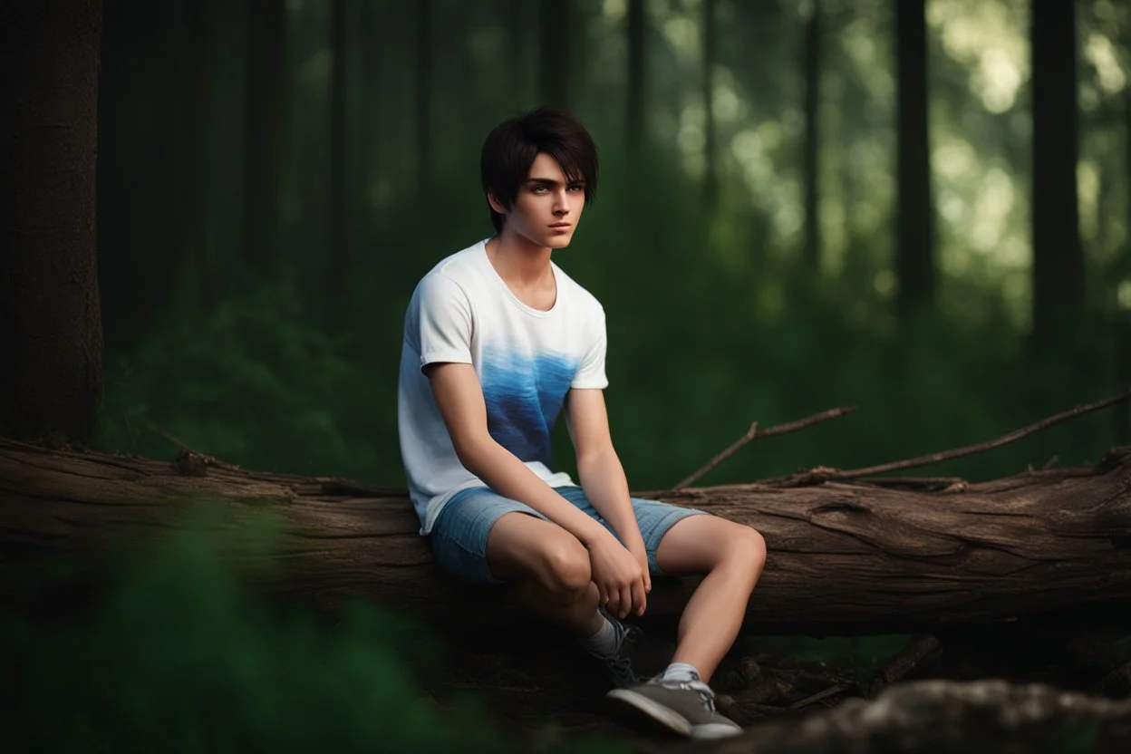 17 year old male with short dark hair and blue eyes wearing a ripped and dirty white teeshirt sitting on a log , photorealistic, 4k, dark fantasy