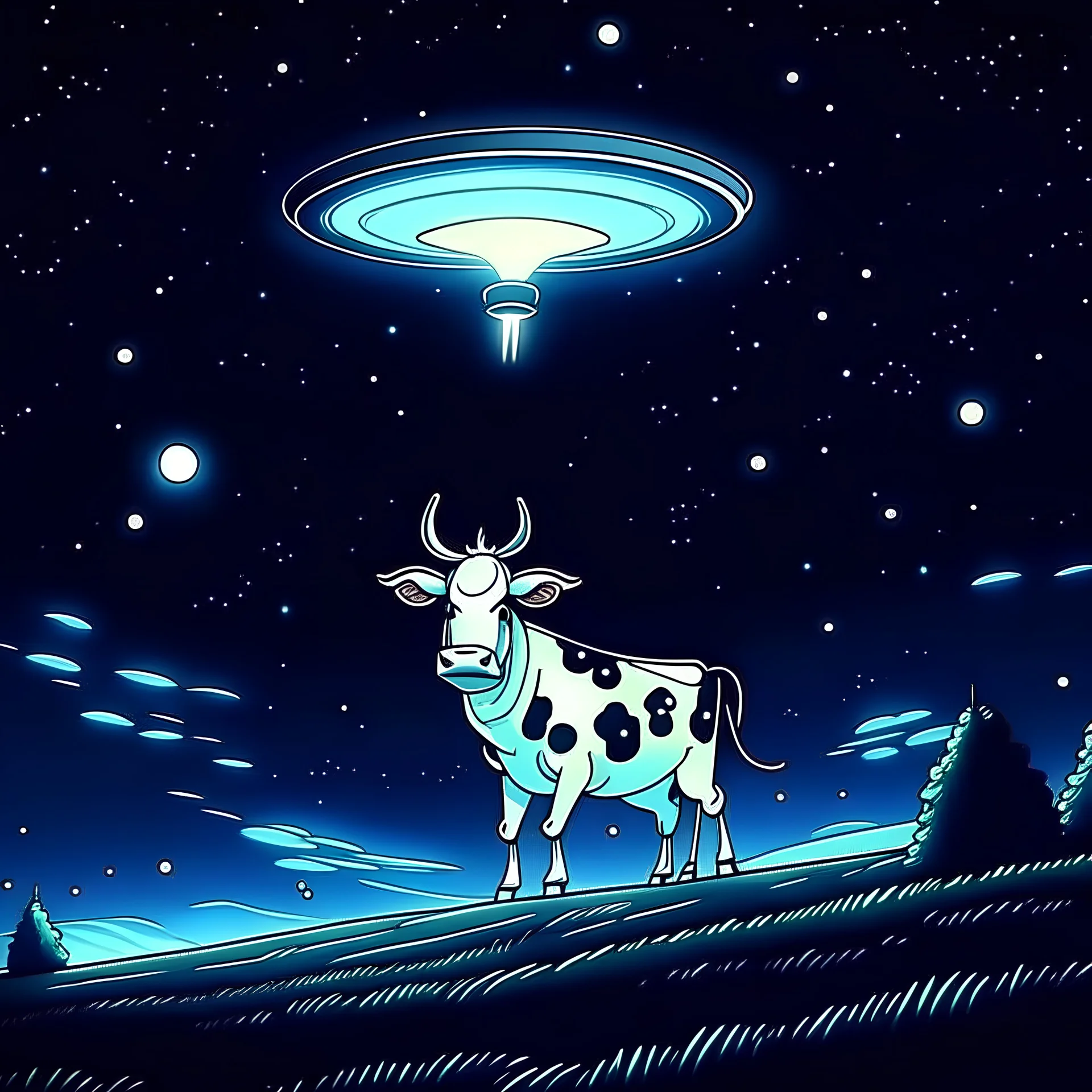 una vaca siendo abducida por un ovni en una noche estrellada en estilo de animacion de los años 80s