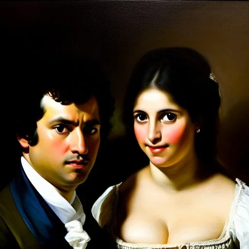 portrait of Jacobo Santiago Mozos born in 1976 and Gemma Arnau Arnau born in 1979,by Francisco de Goya, oil on canvas, cinematic composition, extreme detail,8k,fit full head inside picture,