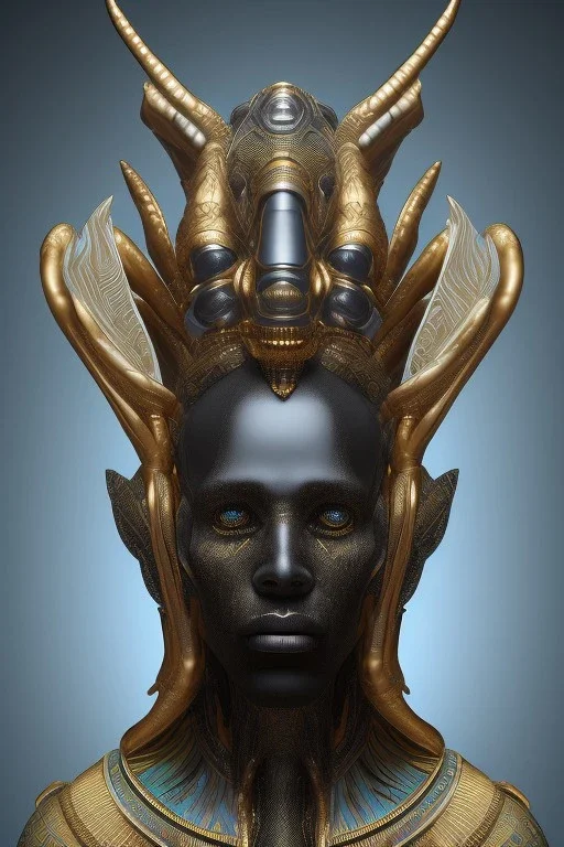 shiny black male African Egyptian alien, cracks in the voodoo head, wicked, eyes, crown, Elephant, 8k, finely detailed, photo realistic, tiger turquoise skull head gold dragon space alien snow skeleton gold horny toad silver crown silver eyes