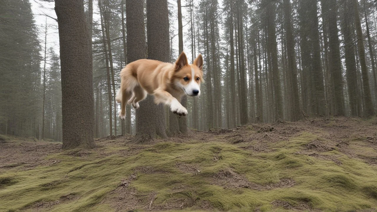 dog jumping in the forest