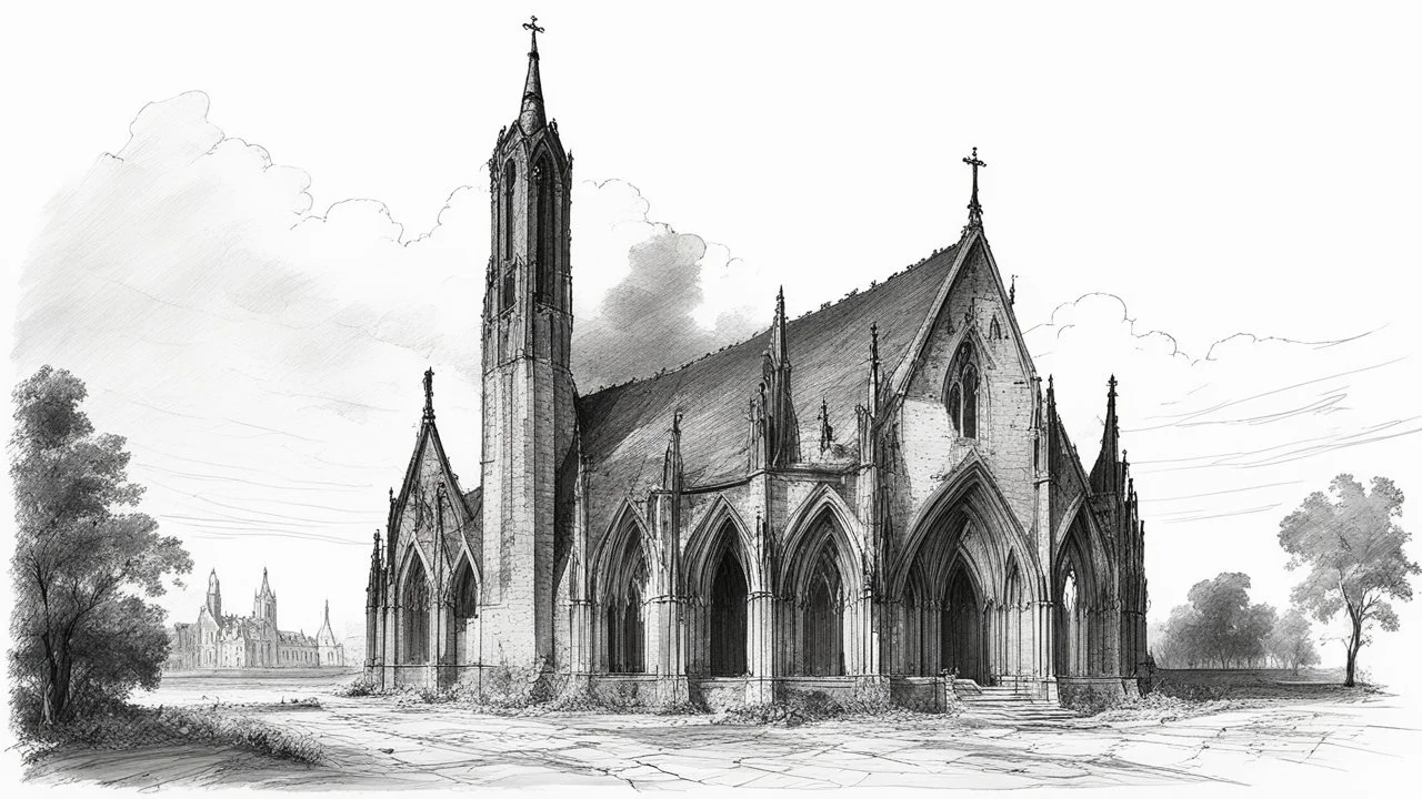 Ground-level black-and-white outline sketch of ruined gothic church with a tall, crooked roof and chimney