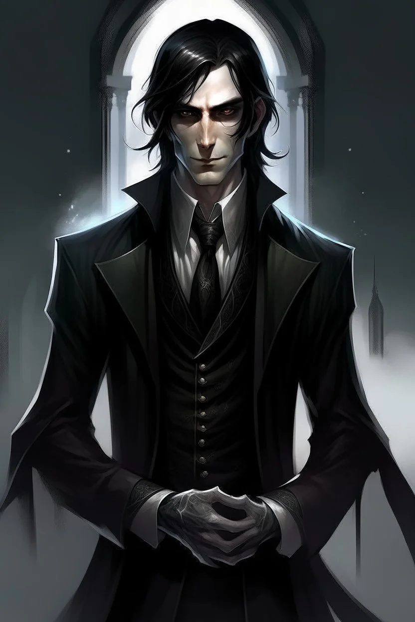 the dark butler, young elf with dark hair, dark clothes, shadow magic