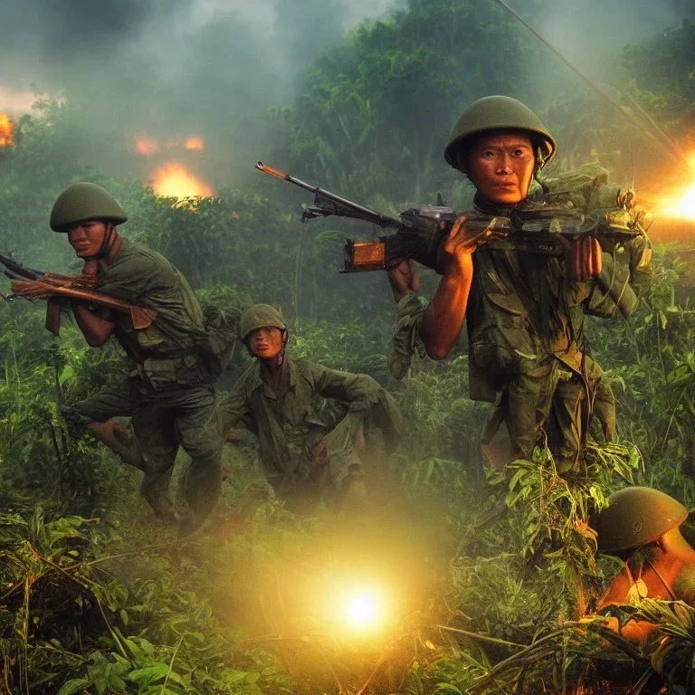 vietnam war. jungle. cd cover. bokeh. lens flare. warm lights. high detailed