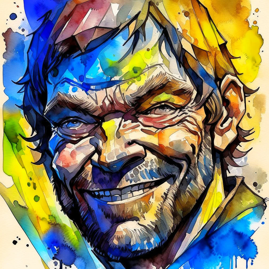 dnd, fantasy, watercolour, large strokes, stylistic, portrait, illustration, very dull colours, male, face, sturdy wide face, weathered face, sly, violent, evil, smiling