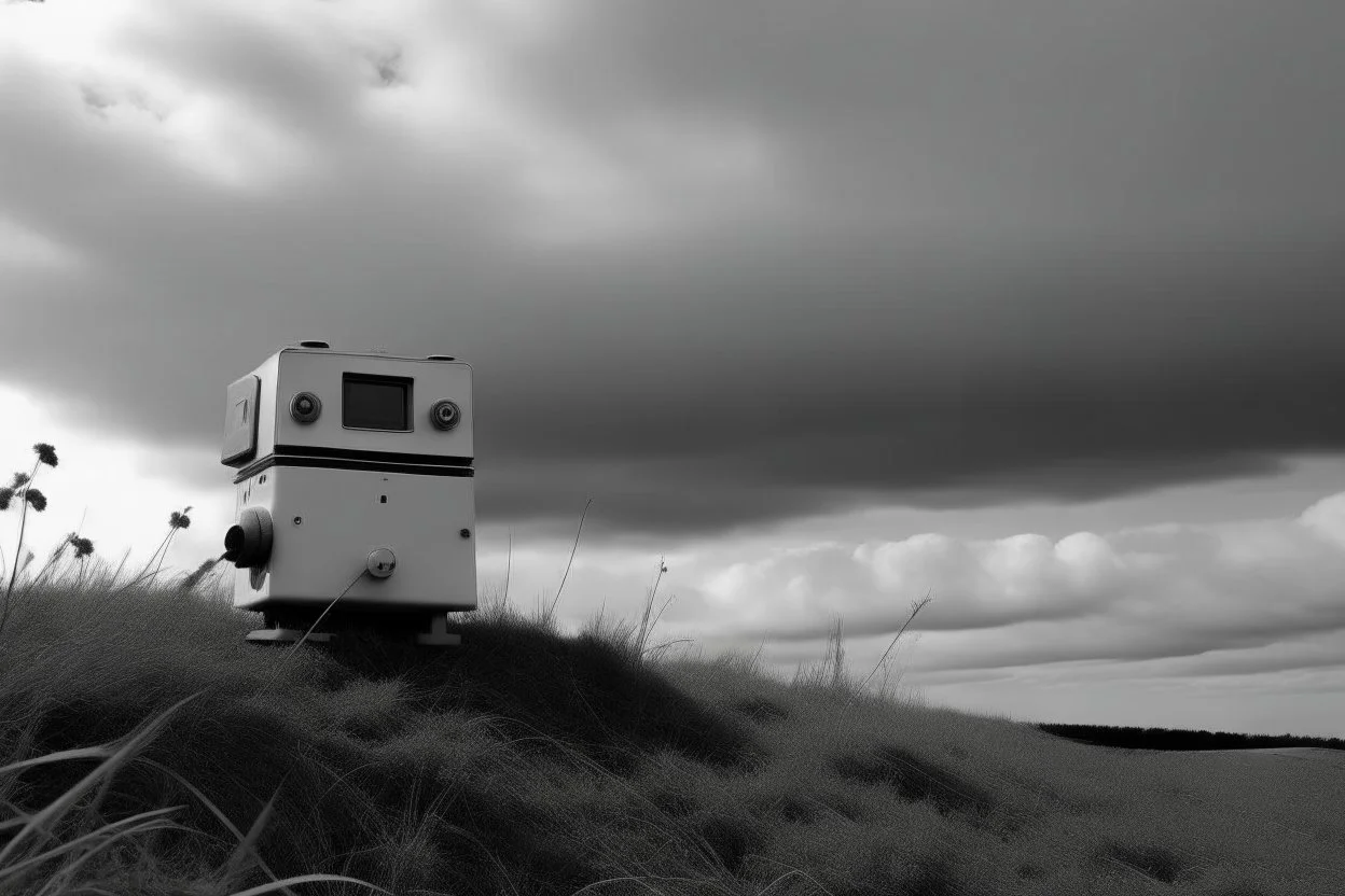 landscape ,minimal ,Photo with an old analog camera. Black and white. Part of a strange dream. white clouds wide plain The big building between them. like pink floyd pigs land scape from a weird dream captured with the first model of dreamrecorder by gnom industries inc