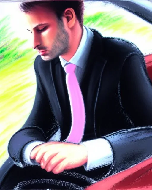 Man in suit, sitting at the wheel of his car, looking exhausted, tie untied, chin thinning , mystical, fantasy, romanticism, pastel colors, acrylic painting, detailed, soft focus,