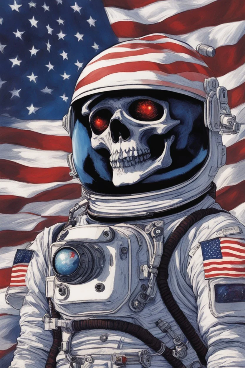 A close up of a skeleton face looking shocked, in an astronaut helmet and suit floating in space. inside the hollow eyes are red shining lights, scary. On his suit is an American flag and in his one hand is a small wavering American flag, on it is written "boned in the USA". From the back of his suit is blowing out blue, white and red smoke. Realistic, 8k, highly detailed, funny