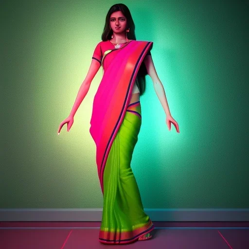 full body photo of a girl in saree in dark room with neon light ,hyperrealistic,detailed,8k,cinematic