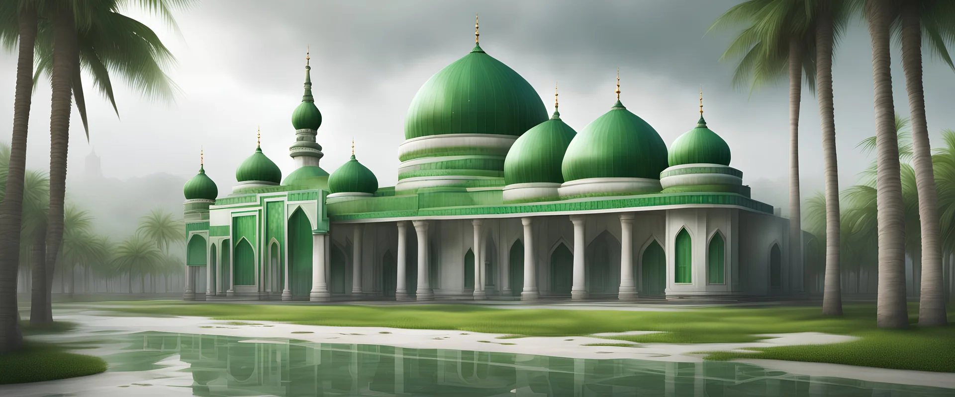 Hyper Realistic massive huge green mosque with white flags on the roofs at a rainy day with grassy pathway, palm trees