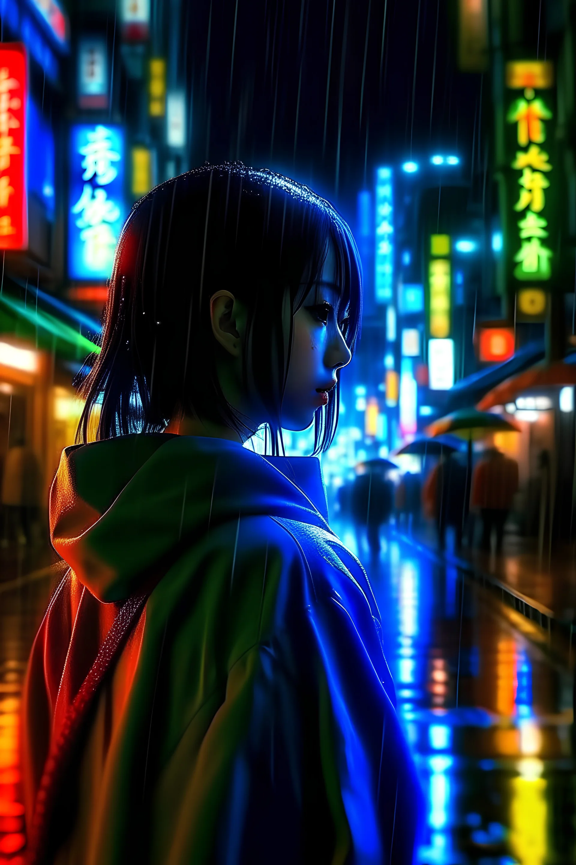 Anime girl in tokyo rainy night with neon lights from her back point of view