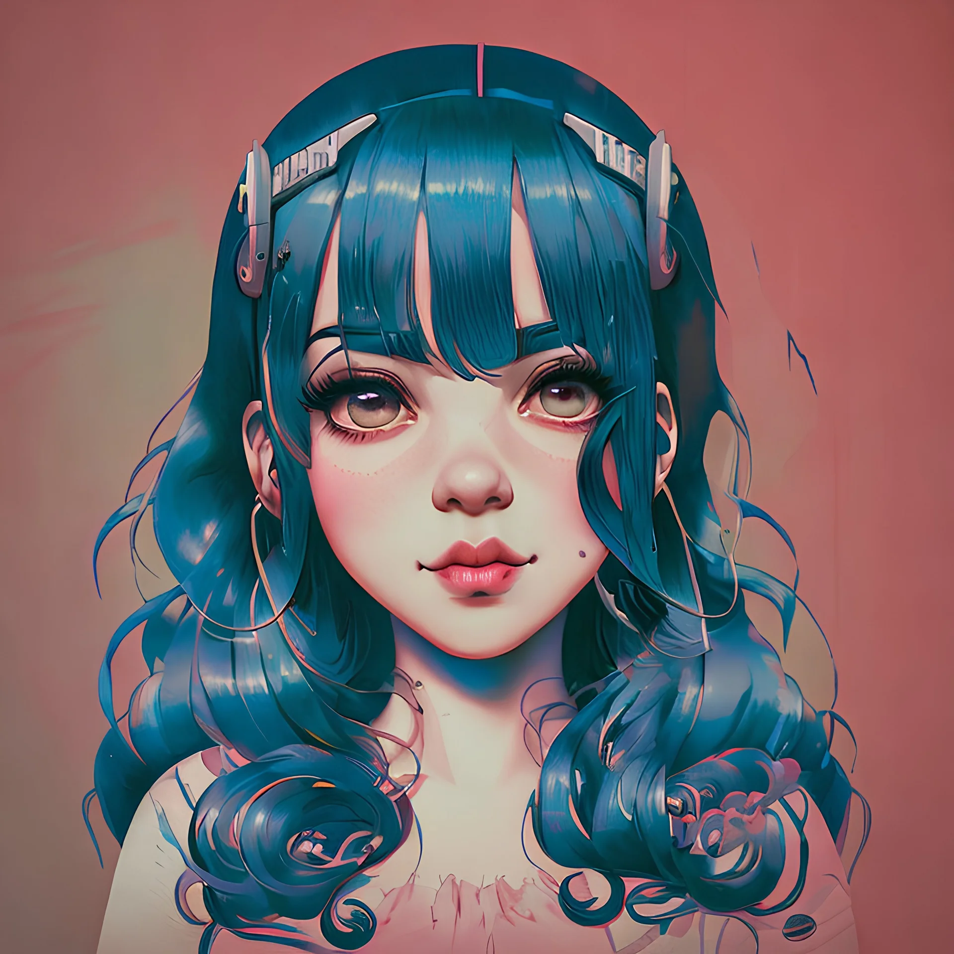 singer Melanie Martinez face, beautiful cyberpunk huge girl, hyperdetailed, illustration by Katsushika Hokusai, darkblue tones,