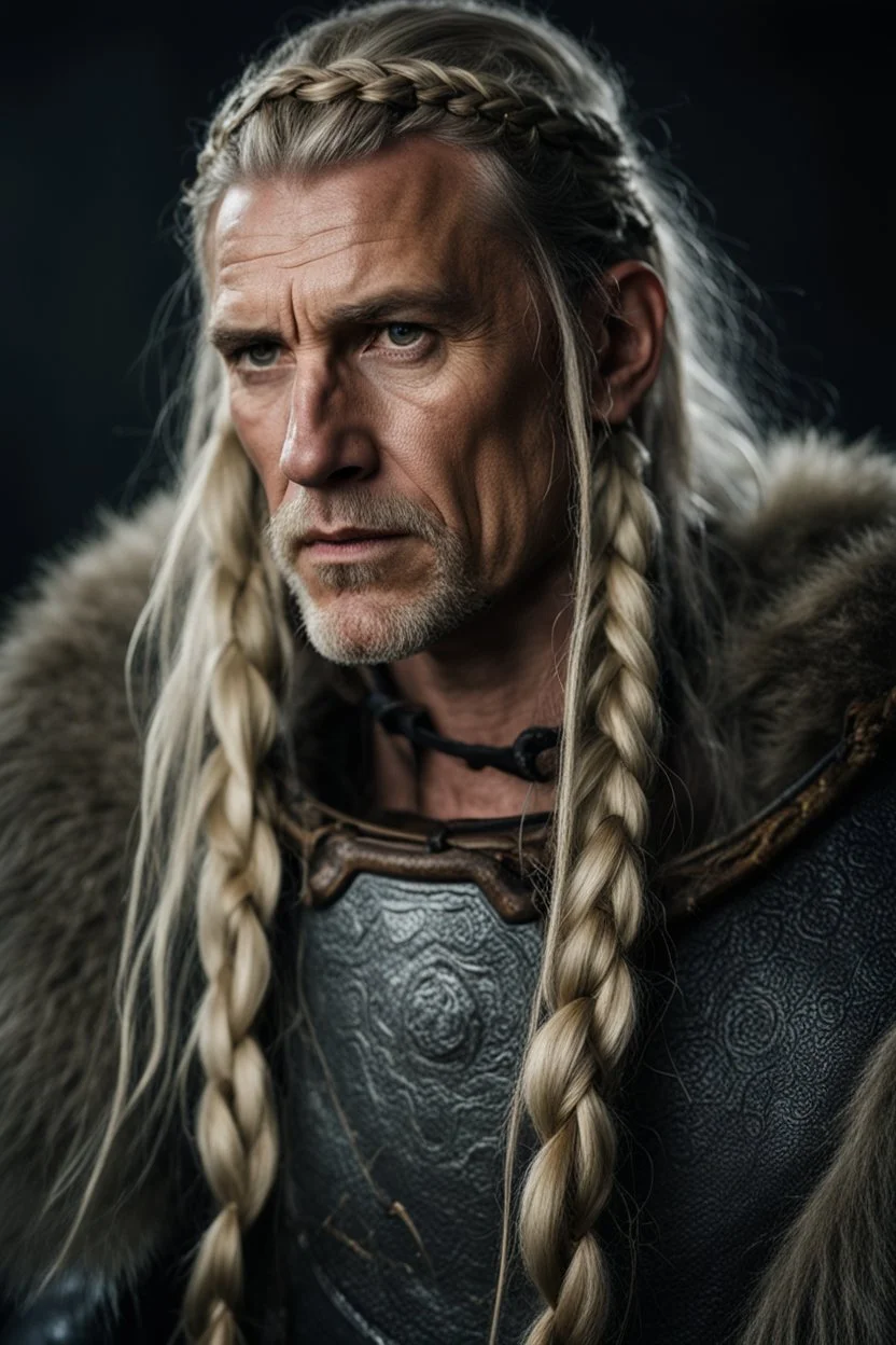 portrait of a 50-year-old viking ,blonde beard with grey highlight and long blond hair with Two small braids. Rugged face with a scar on his cheek. dark fantasy