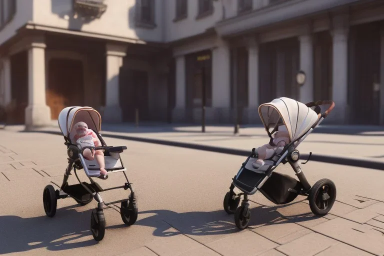 Looking downward into a pram on a sidewalk which contains a baby that looks like a young Donald Trump